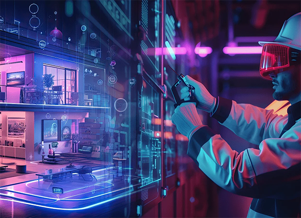 a man works in a pc