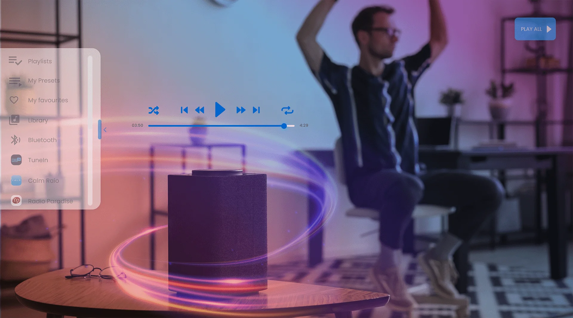 A man listening music on a smart home
