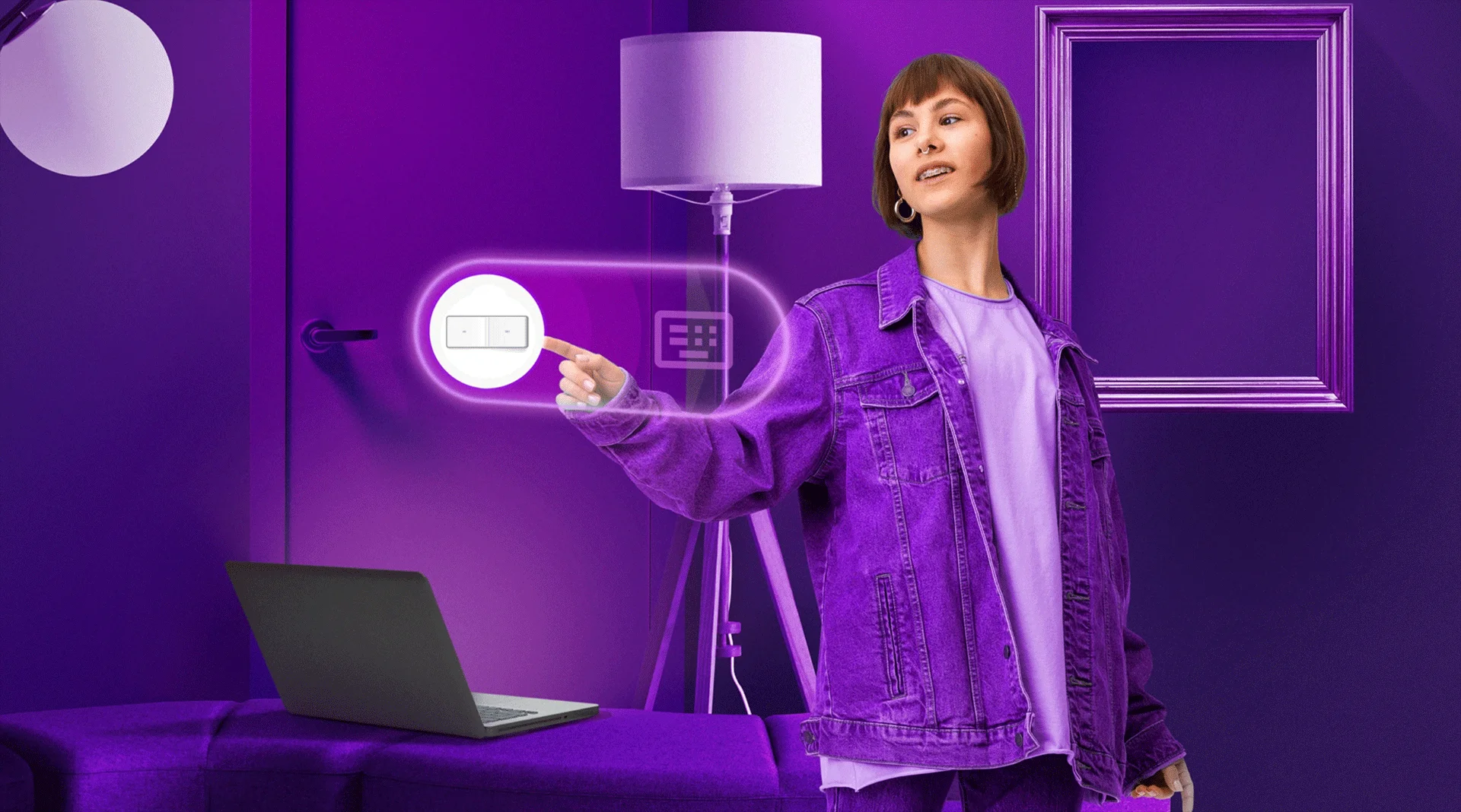 A woman presses a keypad in a smart home
