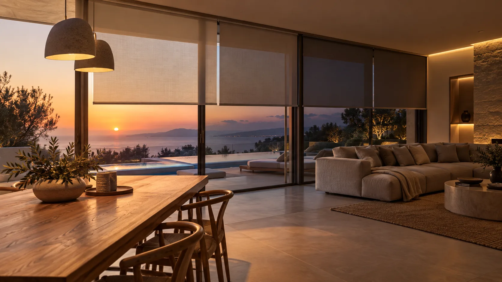 Living room combining late-afternoon daylight and subtle artificial lighting