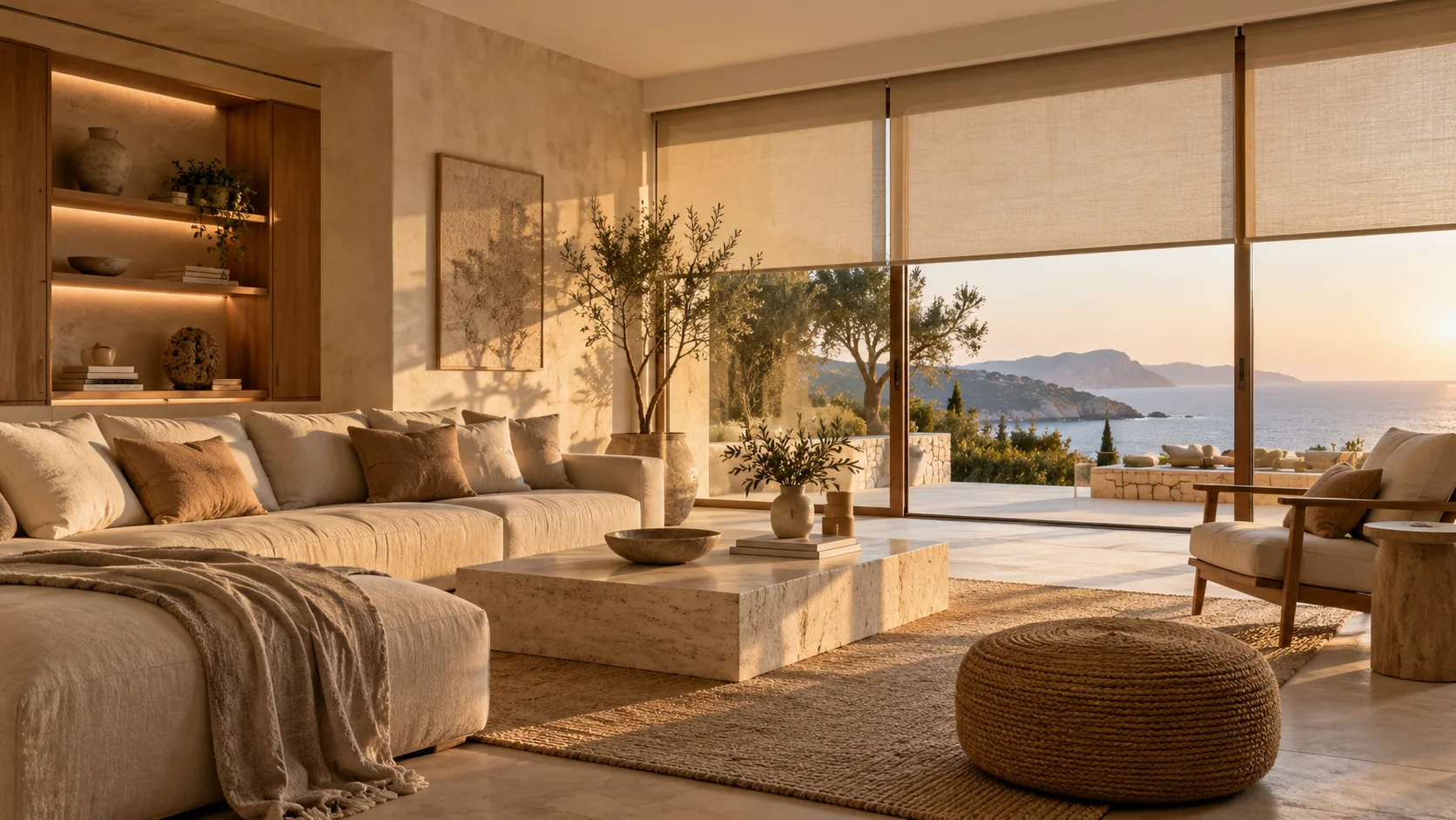 Mediterranean living room with window shades and ambient lighting
